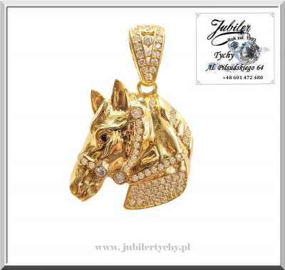 Złoty koń głowa konia z cyrkoniami Złoto 585