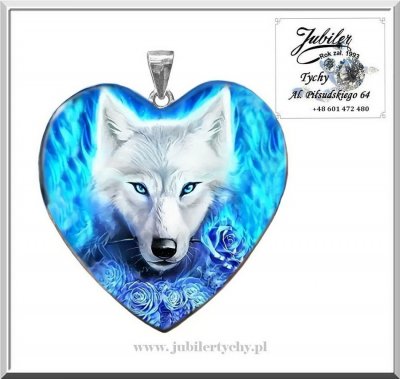 Srebrny duży wisiorek - głowa wilka Duży lakierowany wilk w sercu srebro emalia