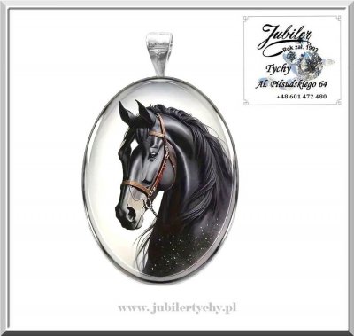 Srebrny duzy wisiorek - głowa konia Duży lakierowany koń / srebro emalia