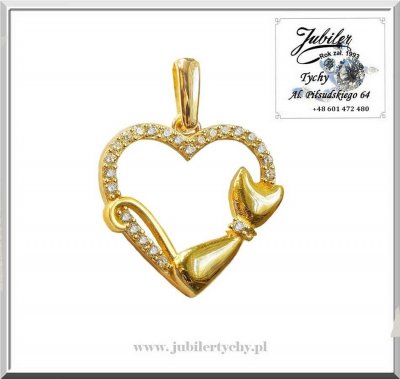 Złoty wisiorek serce z kotem Złote serduszko z kotkiem Złoto 585